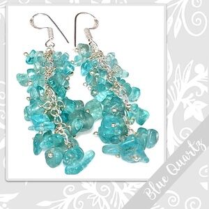 Blue Quartz Eclectic Grapes-Style Silver Drop Dangle Earrings 3” (Aqua Blue)